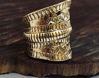 Chunky Brass Tribal Ring | Engraved Gold Statement Band, Adjustable