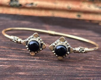 Black Onyx Brass Cuff Bracelet • Antique Brass Tribal Bangle • Ethnic Boho Jewelry for Women • Brass Wire Wrap Open Cuff bangle