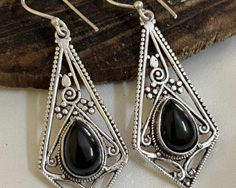 handmade Black Onyx Dangle Earrings, Tribal Geometric Teardrop earring, Silver Plated Brass Jewellry, Women Boho Statement Earrings,
