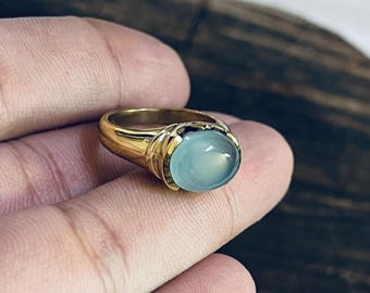 Aquamarine Brass Ring, Boho Vintage Statement Ring, Handmade Gold Brass Ring for Men, Nautical Aquamarine Decorative Ring