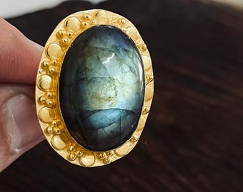 Labradorite Gold Brass Ring, Oval Statement Ring For Women, Bold Boho Gemstone Jewelry, Tribal Brass Ring, Large Cocktail Ring