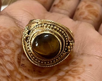 Tigerauge Gold Blumenring, Boho Messing Statement Ring, handgemachter Messingschmuck, Vintage Ring für Frauen