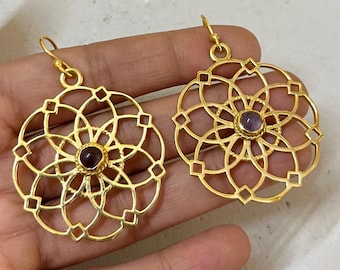 Gold Mandala Earrings with Amethyst Gemstone | Boho Statement Earrings | Handmade Brass Jewelry | Spiritual Sacred Geometry Dangle Earrings