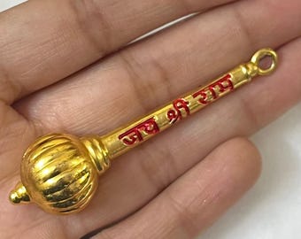 Hindu Gada Pendant , Religious Brass Pendant For Women , 18K Gold Plated Jai Shri Ram Charm