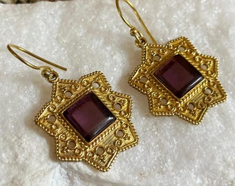 Amethyst Brass Earrings • Antique Brass Geometric Dangle • Boho Tribal Gemstone Jewelry • Women’s Ethnic Statement Earrings