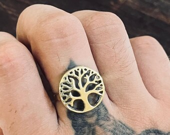 Tree Of Life Ring For Men, Gold Brass Ring, Bold Spiritual Ring, Sacred Tree Ring, Nature Inspired Jewelry, Round Brass Ring, Gift For Him