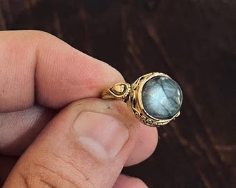 Boho Gold Labradorite Ring, Brass Labradorite Statement Ring, Tribal Gemstone Ring For Women, Round Gemstone Ring, Protection Jewelry, Gift