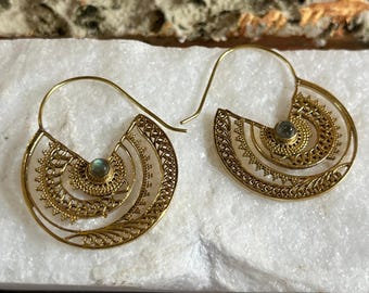 Labradorite Brass Earrings • Antique Brass Tribal Hoop Earrings • Boho Geometric Ethnic Jewelry • Women’s Statement Dangle Hoops