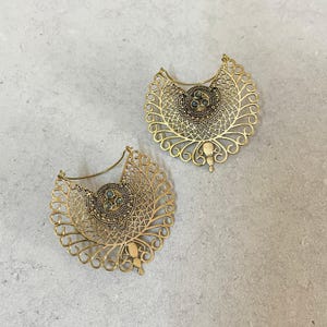 Gold brass mandala earrings, labradorite filigree hoops for women, tribal scroll dangles, boho ethnic jewelry, spiritual protection earrings