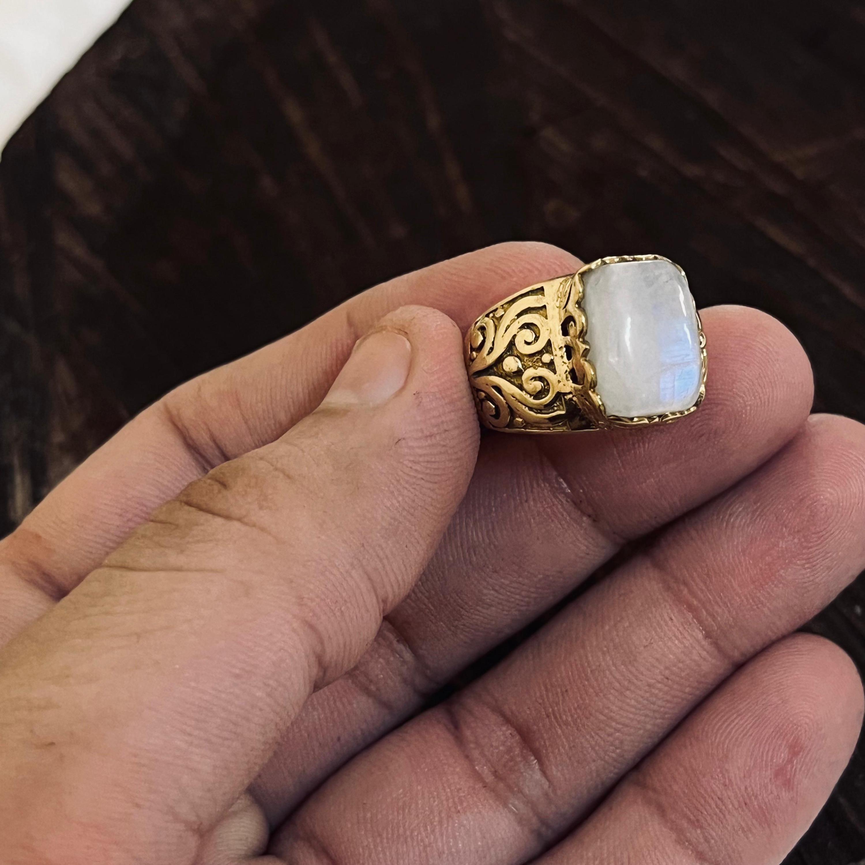 Square Moonstone Ring for Men, Gold Brass Ring With Rainbow