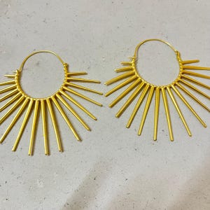 Gold Sunburst Hoop Earrings | Bold Statement Tribal Hoops | Radiant Fan Shape Earrings for Women | Lightweight Festival Jewelry Boho Style