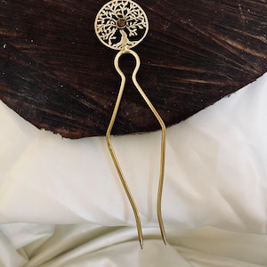 Tree Of Life Hair Stick | Brass Hair Pin For Women | Celtic Bun Holder | Handmade Double Prong Hair Fork | Boho Hair Accessory Gift