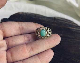 Chrysoprase Brass Ring, Wide Band Filigree Ring, Gold Plated Boho Vintage Ring, Womens Statement Ring