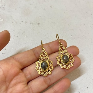 Gold Labradorite Dangle Earrings | Brass Filigree Teardrop Earrings | Lightweight Boho Gemstone Earrings | Handmade Tribal Jewelry