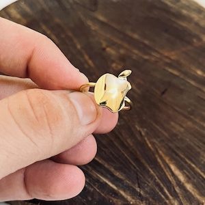 Cute Apple Ring Unisex Christmas Eve Stacking Gold plated brass ring | Delicate apple stem and leaf ring  Cute Boho Style ring for men-women