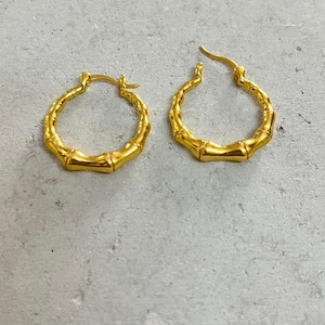 Bamboo Hoop Earrings, Gold Brass Tribal Hoops For Women, Boho Nature Inspired Jewelry, Statement Everyday Hoops, Bold Ethnic Earrings