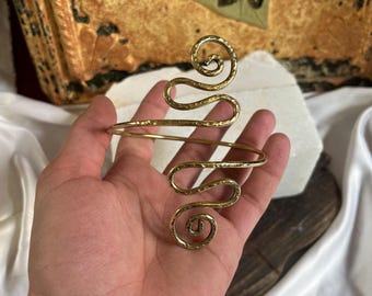 Gold Plated Spiral Arm Cuff • Hammered Brass cuff for Women • Boho Geometric Bracelet • Artistic Swirl Statement Jewelry