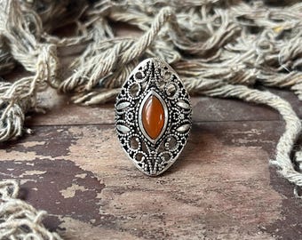 Bague marquise en cornaline • Bague en argent sterling 925 • Bijoux bohèmes en filigrane • Bague ethnique vintage en argent • Alliance ornée pour femme