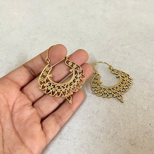 Gold Tribal Hoop Earrings, Brass Crescent Statement Earrings, Ethnic Boho Jewelry For Women, Bold Lightweight Festival Style Dangles