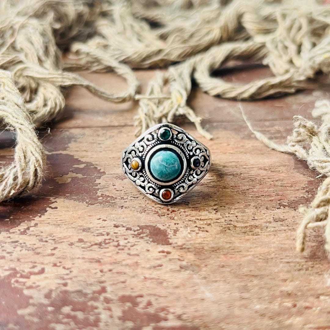 Turquoise Mandala Ring • 925 Sterling Silver Ring • Boho Ethnic Jewelry ...