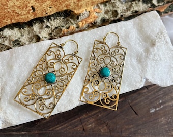 Turquoise Brass Earrings • Antique Brass Filigree Dangle Earrings • Boho Ethnic Geometric Jewelry • Women’s Long Statement Earrings