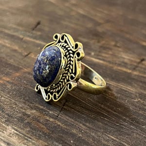 Lapis Lazuli gemstone Ring | Gold Plated Brass Vintage Ring | Oval Blue Gemstone Statement Ring | Boho Filigree Jewelry For Women