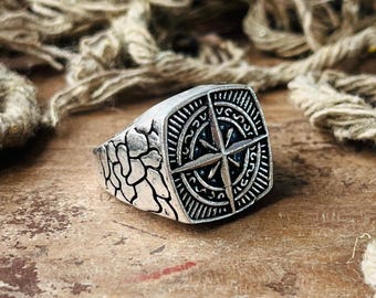 Compass Signet Ring | Celestial North Star Ring | 925 Sterling Silver Ottoman Anchor | Nautical Jewelry