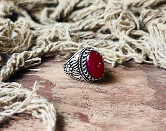 Bague tribale en onyx rouge, bague en argent sterling 925 pour homme, bague ethnique tendance, bijoux tribaux audacieux