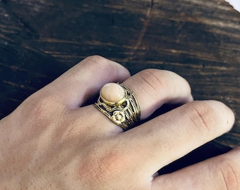 Peach Moonstone Ring, Floral Brass Gold-Plated Ring, Bohemian Womens Oxidized Brass Ring, Brass Flower Ring For Women