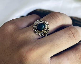 Vintage Brass Malachite Ring, Gold Plated Boho Ring, Beaded Bohemian Brass Ring, Statement Brass Ring For Women