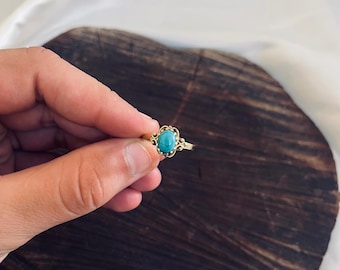 Turquoise Brass Ring, Dainty Gemstone Floral Ring, Handmade Dainty Boho Ring For Women, Tribal Brass Statement Ring