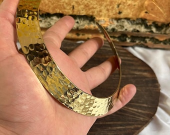 Hammered Brass Choker Necklace • 18K Gold Plated Wide Collar • Women’s Boho Geometric Textured Statement Jewelry