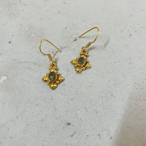 Gold Plated Brass Gemstone Earrings | Vintage Drop Earrings with Oval Stone | Lightweight Dangle Earrings for Women | Royal Boho Jewelry
