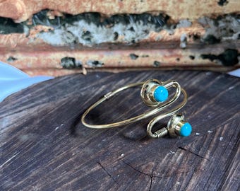 Turquoise Brass Bangle • Double Gemstone Cuff Bracelet • Adjustable Boho Bracelet for Women • Handmade Brass Jewelry • Turquoise Cuff
