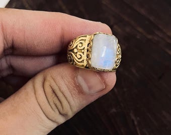 Square Moonstone Ring For Men, Gold Brass Ring With Rainbow Moonstone, Bold Filigree Band Ring, Vintage Statement Jewelry Gift For Him