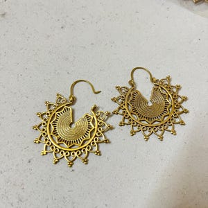 Brass Tribal Hoop Earrings, Ornamental Mandala Earrings For Women, Ethnic Lace Fringe Hoops, Bold Artistic Statement Jewelry