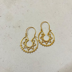 Tribal Gold Hoop Earrings | Brass Ethnic Boho Hoops | Lightweight Festival Jewelry for Women | Handmade Mandala Hoop Earrings