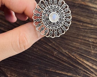 Mandala moonstone ring, silver tribal ring, brass statement ring, handmade  boho jewelry,