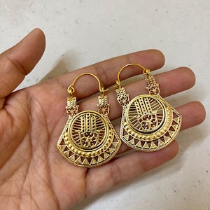Gold Hamsa Earrings, Brass Protection Dangles For Women, Evil Eye Statement Hoops, Tribal Boho Jewelry, Spiritual Ethnic Gold Earrings