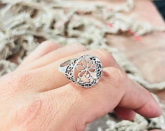 Bague en filigrane floral bohème, bague en argent sterling 925, bague en argent fleur découpée, bague en argent ethnique pour femme