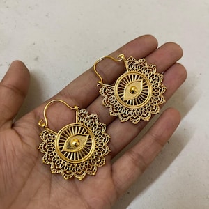 Brass Evil Eye Filigree Earrings | Gold Boho Hoop | Lightweight Mandala Eye Jewelry | Festival Tribal Protection Hoops