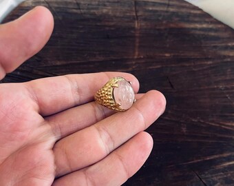 Brass Rose Quartz Ring, Hammered Wide Band Ring For Women, Bold Tribal Boho Ring, Handmade Statement Gemstone Ring