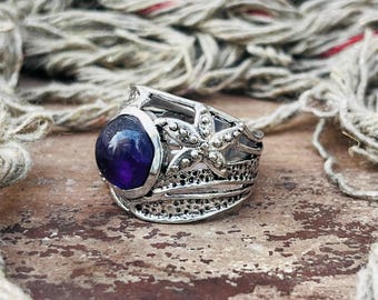 Anillo de estrella de mar con amatista, anillo de plata de ley 925, anillo de plata estilo boho playero, anillo tribal oceánico para mujer.