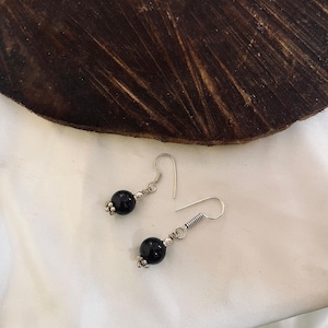 Black Onyx Bead Earrings | Silver Tone Drop Earrings for Women | Handmade Gemstone Dangle Jewelry | Minimal lightweight Everyday Earrings