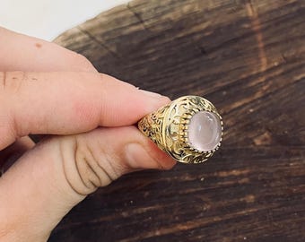 Statement Gold Brass Ring For Men, Rose Quartz Cabochon, Bold Filigree Band, Vintage Style Ring, Chunky Spiritual Jewelry, Gift For Him