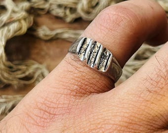 Mens Geometric Signet Ring, 925 Sterling Silver Ring, Boho Ribbed Silver Ring, Tribal Statement Ring