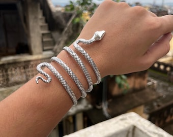 Snake Wrap Arm Cuff • Brass Serpent Coil Bangle • Oxidized Silver Arm Cuff • Boho Gothic Animal Jewelry • Women’s Tribal Statement Cuff