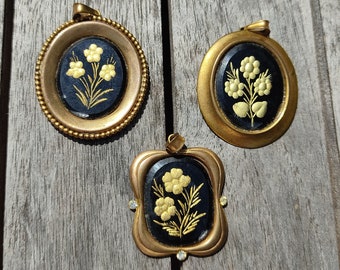 Lovely Three Vintage French Damascene Gold Flowers On Black Background Pendants