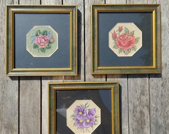 Lovely Lot of Three Hand Embroidered Flowers Decor Frames - Cross-Stitch Flowers - Roses - Needlepoint Flowers Frames - French Vintage