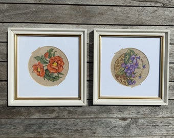 Lovely Two Hand Embroidered Flowers Canvas Frames - Cross-Stitch Flowers - Needlepoint Flowers Canvas - Wall Decor - French Vintage